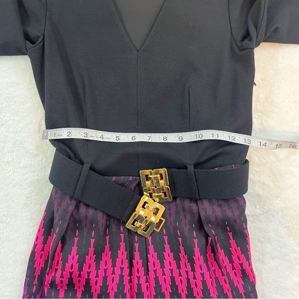 Milly Long Sleeve V Neck Belted Mini Dress Womens Sz 4 Black Pink Silk Blend - Picture 12 of 13